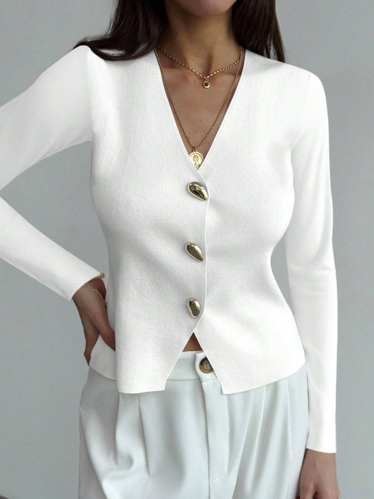 White Casual Women's Minimalist Office V-Neck Long Sleeve Metal-Cropped Sweater